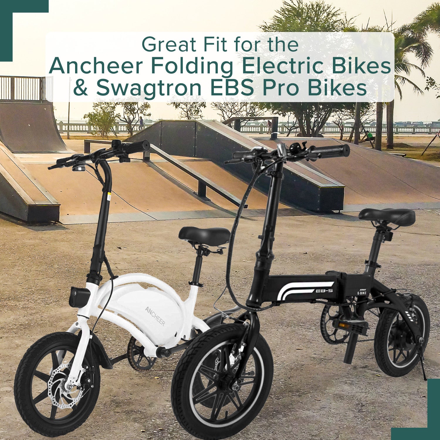 Folding Pedals for Electric Bikes (Set of 2) shown on a white and black bicycle, featuring a hard non-slip platform surface and side reflectors, designed for easy folding and enhanced low-light visibility.