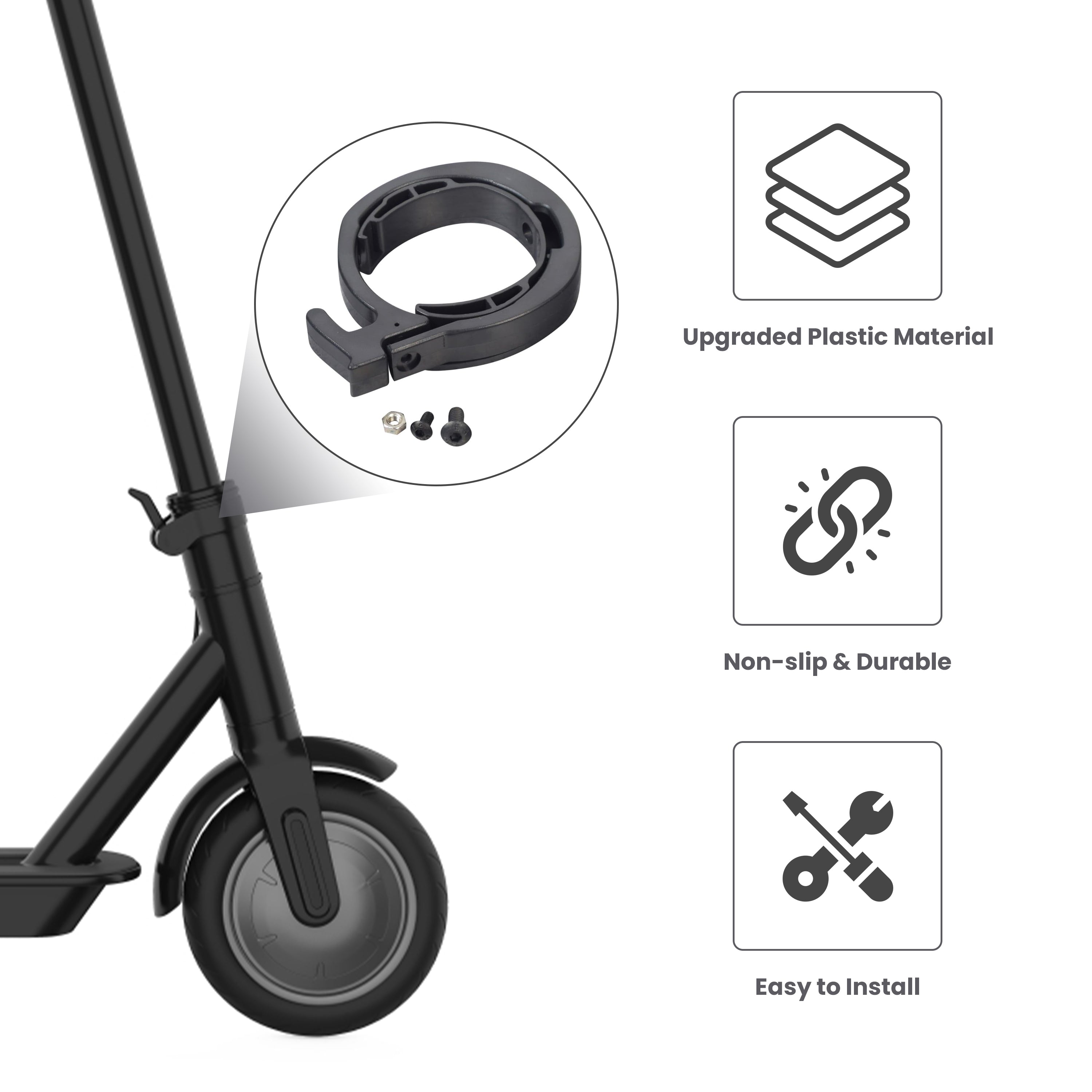 Limit Ring for the Ninebot MAX G30 Scooter, shown with included hardware (nut and screw), instructions, and symbols of a screwdriver and wrench, highlighting its role in the scooter's folding mechanism.