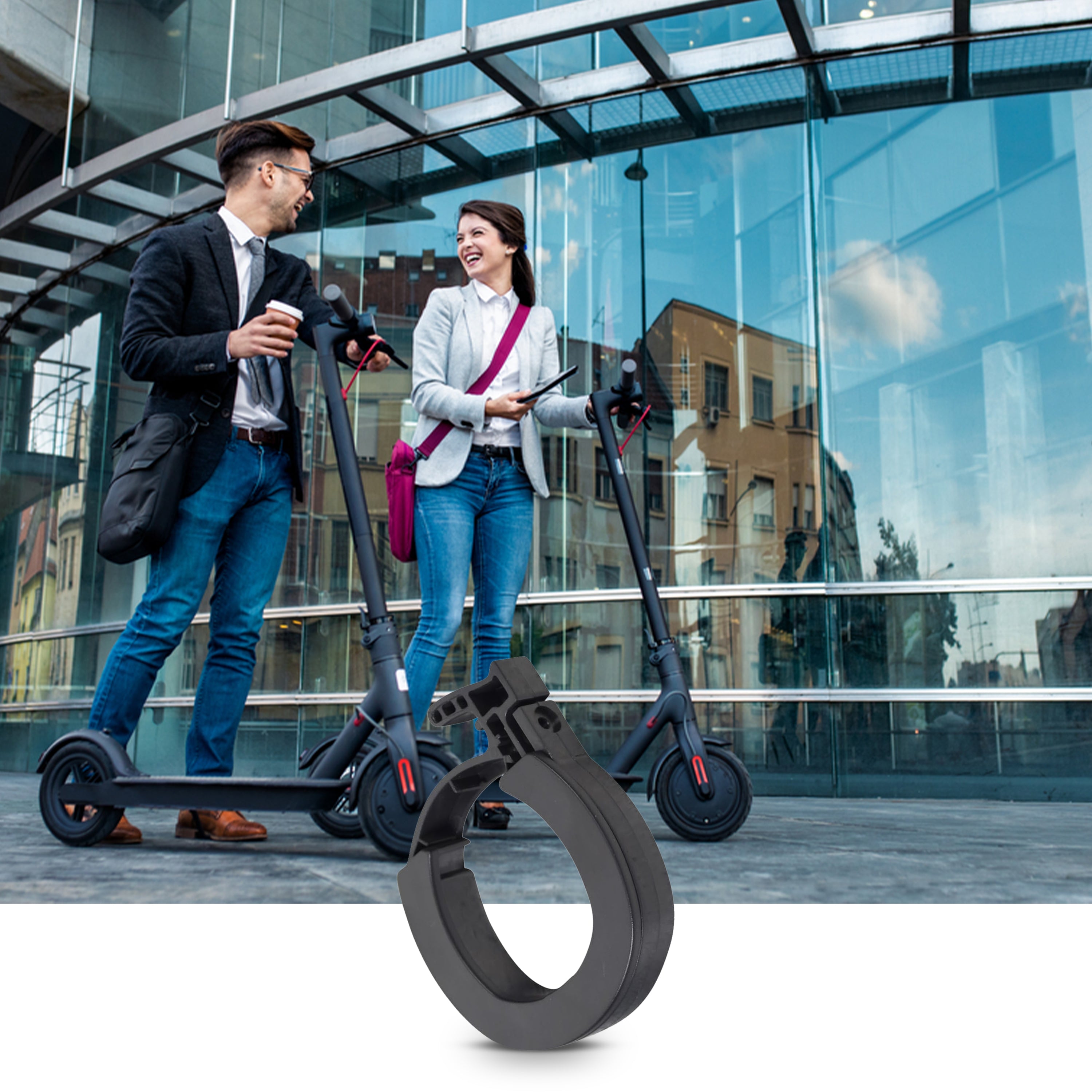 Limit Ring for the Ninebot MAX G30 Scooter displayed in an urban setting with a man and woman standing next to scooters, highlighting its role in the folding mechanism.