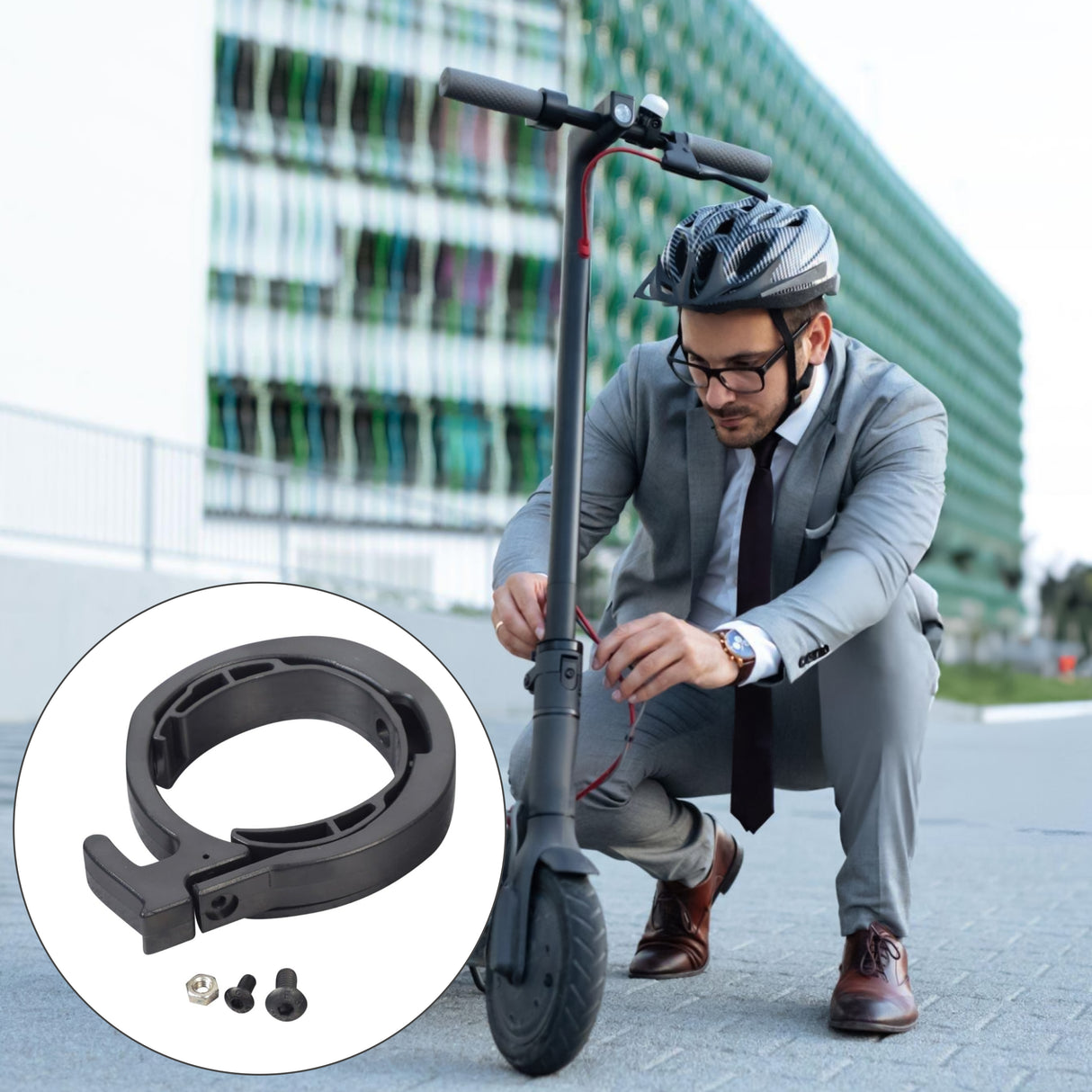 Man in a suit and helmet examining a scooter's Limit Ring for the Ninebot MAX G30, a crucial ABS plastic component for the folding mechanism, ensuring continued durability and convenience.