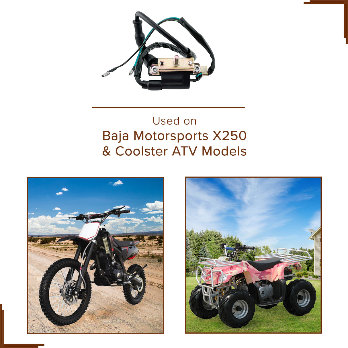 Ignition Coil for 50cc, 90cc, 110cc, 150cc, & 250cc ATV & Dirt Bike Engines shown in a collage, highlighting a dirt bike, an ATV, and close-ups of wheels and tires.