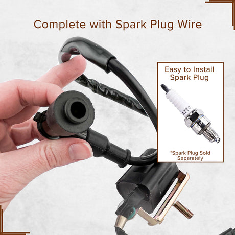 Hand holding an ignition coil with spark plug wire for 50cc, 90cc, 110cc, 150cc, & 250cc ATV & dirt bike engines, showcasing its connector and cable.