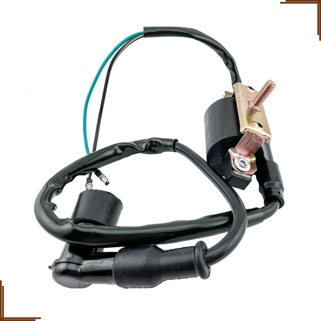 Ignition Coil for 50cc, 90cc, 110cc, 150cc, & 250cc ATV & Dirt Bike Engines, featuring a black electrical device with a prominent metal screw and attached spark plug wire.