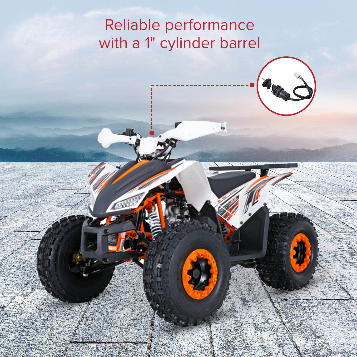 Key Switch for Coleman AT125-EX, At125-UT, AT200-B, & TaoTao Raptor 200 ATVs, shown mounted with two keys in the ignition, highlighting its threaded ring and secure fit on an all-terrain vehicle.