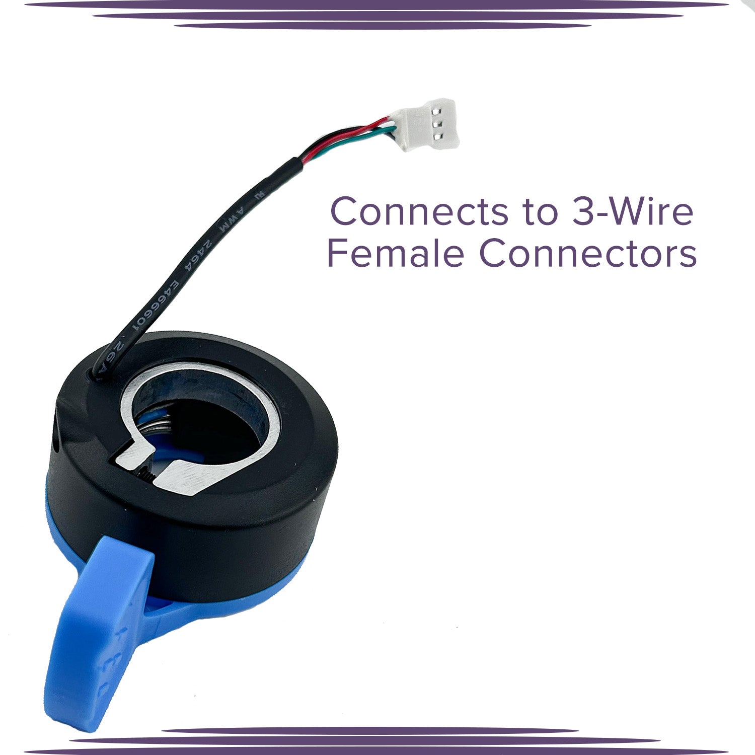 Thumb Throttle for Hover-1 Comet & Eagle Electric Scooters, featuring a blue handle, black body, and 3-wire harness with a textured thumb pad for a secure grip.