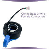 Universal Thumb Throttle for Electric Scooters featuring a blue handle and black body, designed to fit a standard 7/8 handlebar with a 3-pin Molex connector, shown with an attached wire.