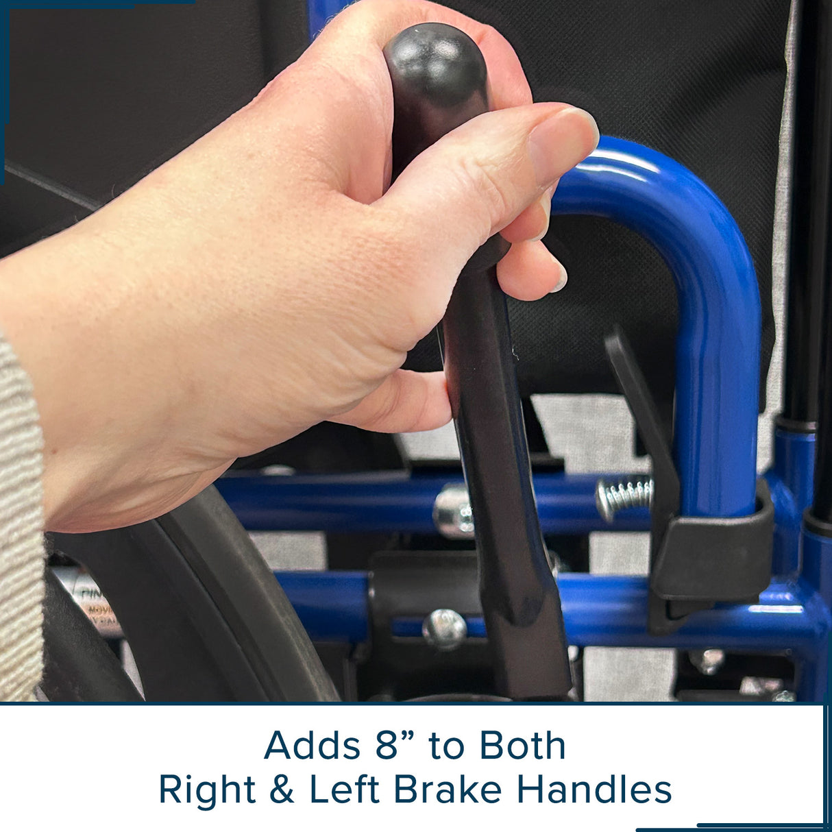 8 Black Brake Handle Extension Handles for Wheelchairs (Set of 2) shown with a hand gripping the black handle, demonstrating ease of use and proximity to the user’s hand for convenience.