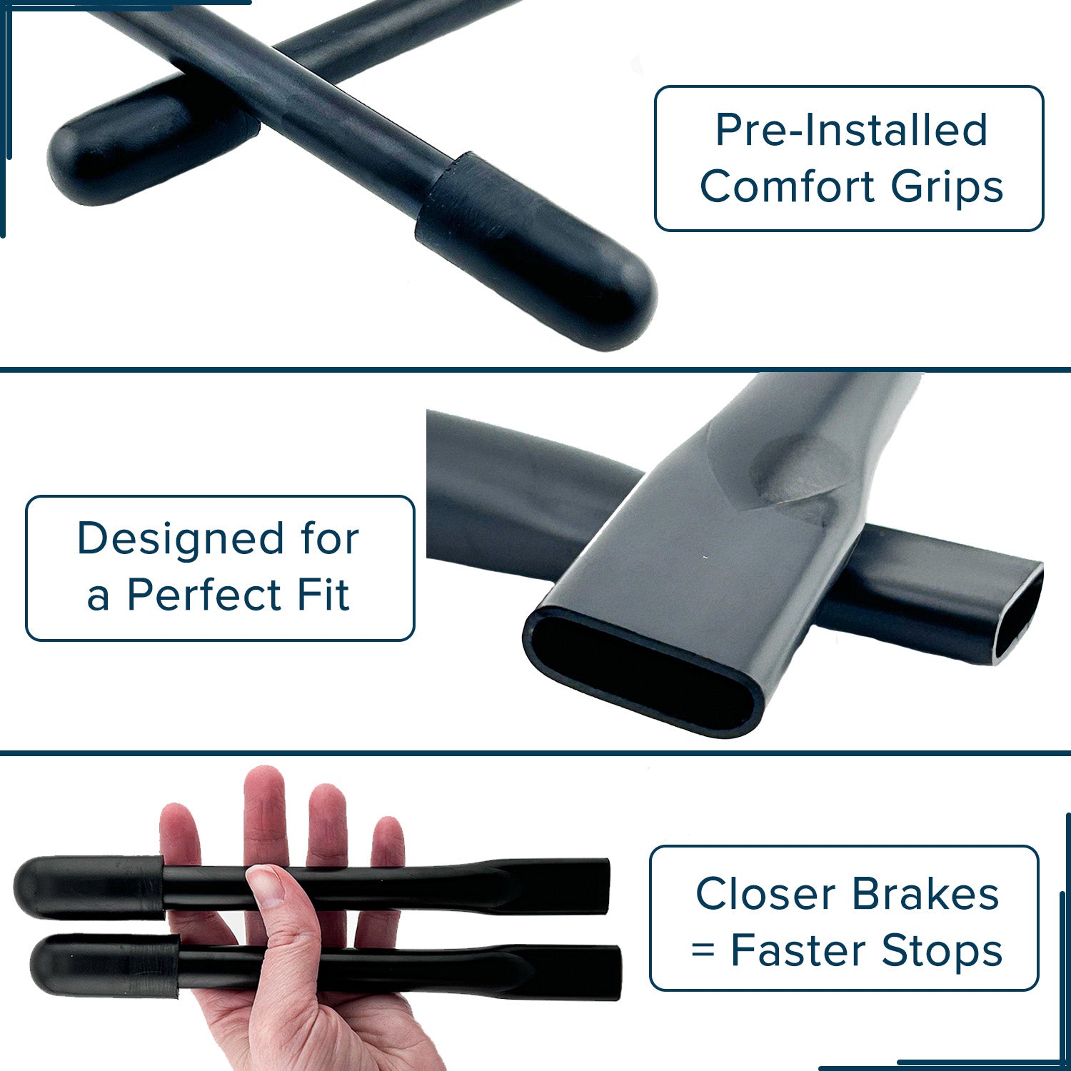 8 Black Brake Handle Extension Handles for Wheelchairs (Set of 2) shown in various angles, including close-ups of the grip and pipe, designed for easy brake lock access on manual wheelchairs.