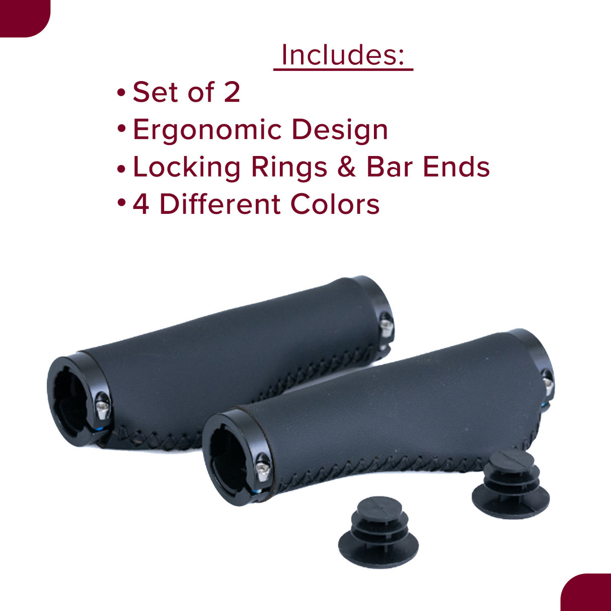 Handlebar Grip Set with Clamps for Electric Bicycles featuring close-up views of a pair of black handlebars with ergonomic grips, bar end plugs, and locking ring clamps.