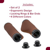 Handlebar Grip Set with Clamps for Electric Bicycles featuring a close-up of ergonomic brown grips with black plastic end plugs, showcasing the set’s design and texture on a white background.