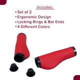 Handlebar Grip Set with Clamps for Electric Bicycles, featuring ergonomic grips with black rubber caps. Includes bar end plugs and locking ring clamps for secure, comfortable handling.