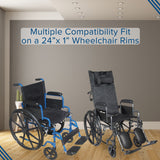 24x1 Solid Urethane Treadless Tire for Drive Medical Wheelchairs, shown on a wheelchair in a room with wooden flooring and another wheelchair in the background.