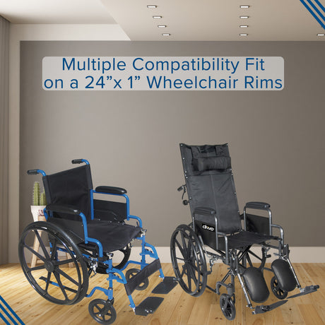 24x1 Solid Urethane Treadless Tire for Drive Medical Wheelchairs, shown on a wheelchair in a room with wooden flooring and another wheelchair in the background.