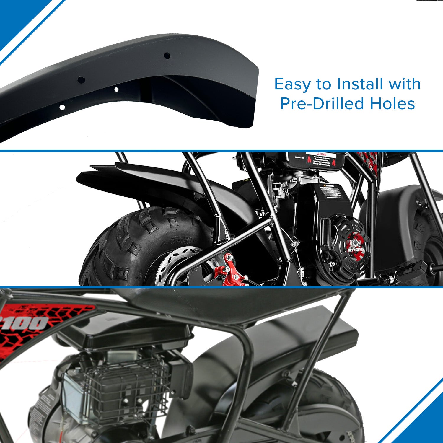 Black Rear Fender for Monster Moto / Mega Moto Classic 105cc, Classic 1000w, MM-B80 80cc, Motovox MBX10, & MBX11 Mini Bikes; close-up shows tire and part of the motorcycle's suspension system.