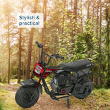 Black Rear Fender for Monster Moto / Mega Moto Classic mini bikes, shown on a black and red motorcycle in a forest setting, highlighting its compatibility and robust design for various models.