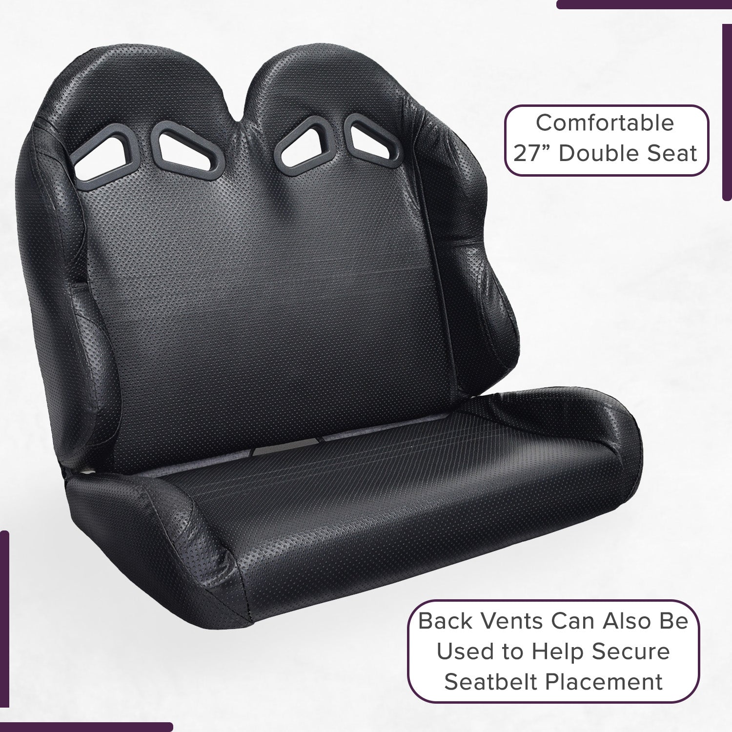 27 Double Seat for Go-Karts featuring padded black upholstery with back vents for seatbelt placement.