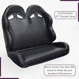 27 Black Double Seat for Go-Karts (Blemished), featuring padded upholstery with back vents and designed for two riders. The black seat shows visible holes for ventilation and securing seatbelts.