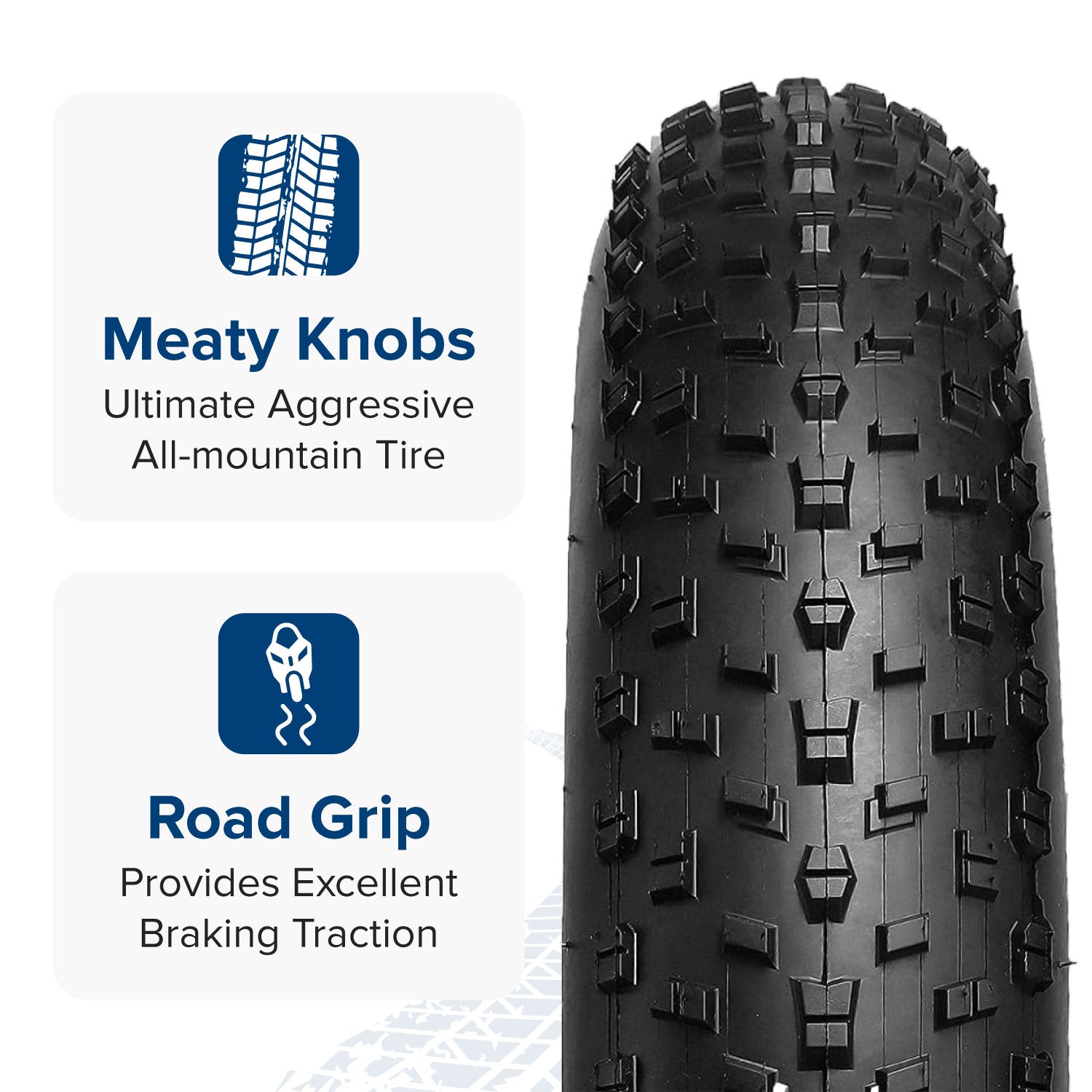 26x 4.0 Knobby Fat Bike Tire, showcasing close-up details of the meaty knobs designed for aggressive all-mountain and freeride use, ensuring excellent traction and cornering on diverse terrains.