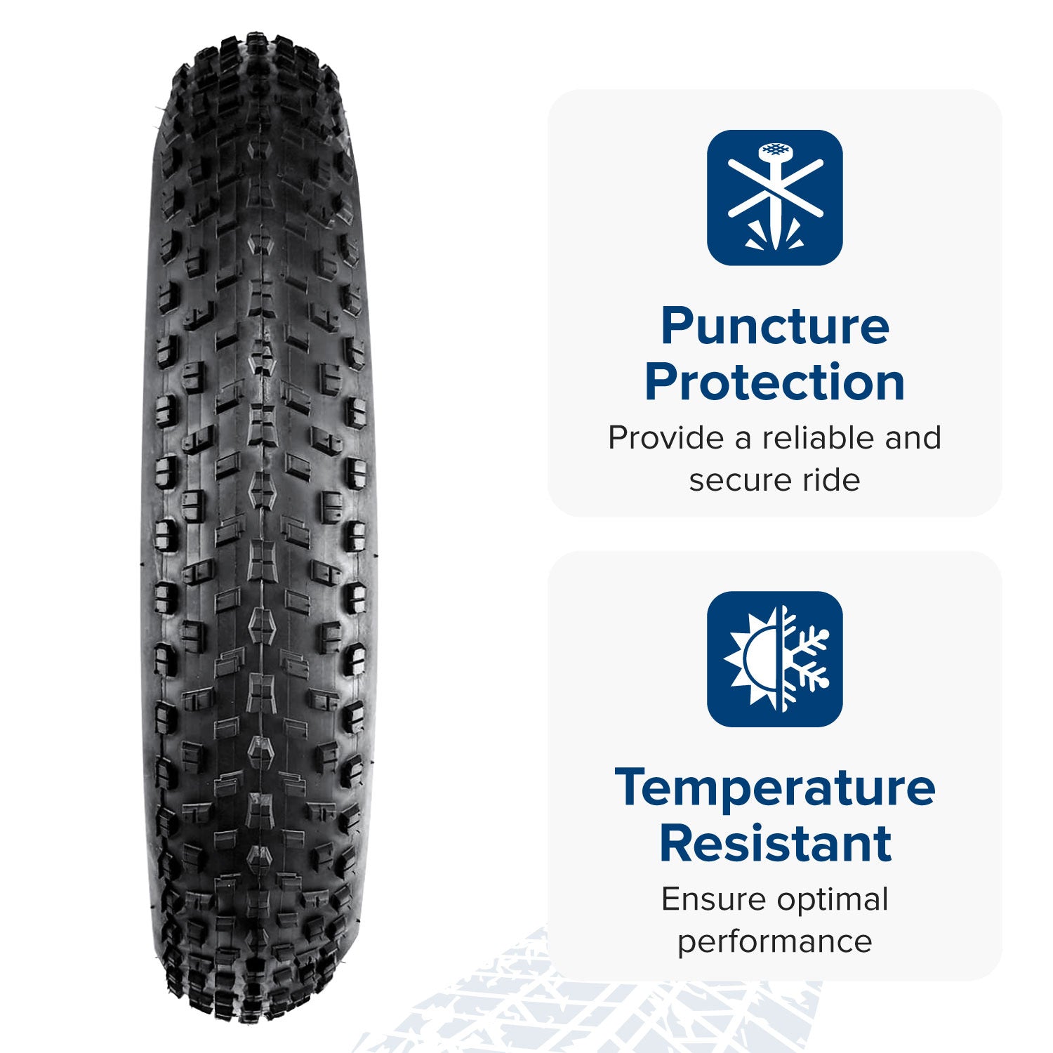 26x 4.0 Knobby Fat Bike Tire featuring meaty knobs for aggressive all-mountain/freeride use, providing superior cornering and braking traction. Ideal for off-road biking on gravel and dirt trails.