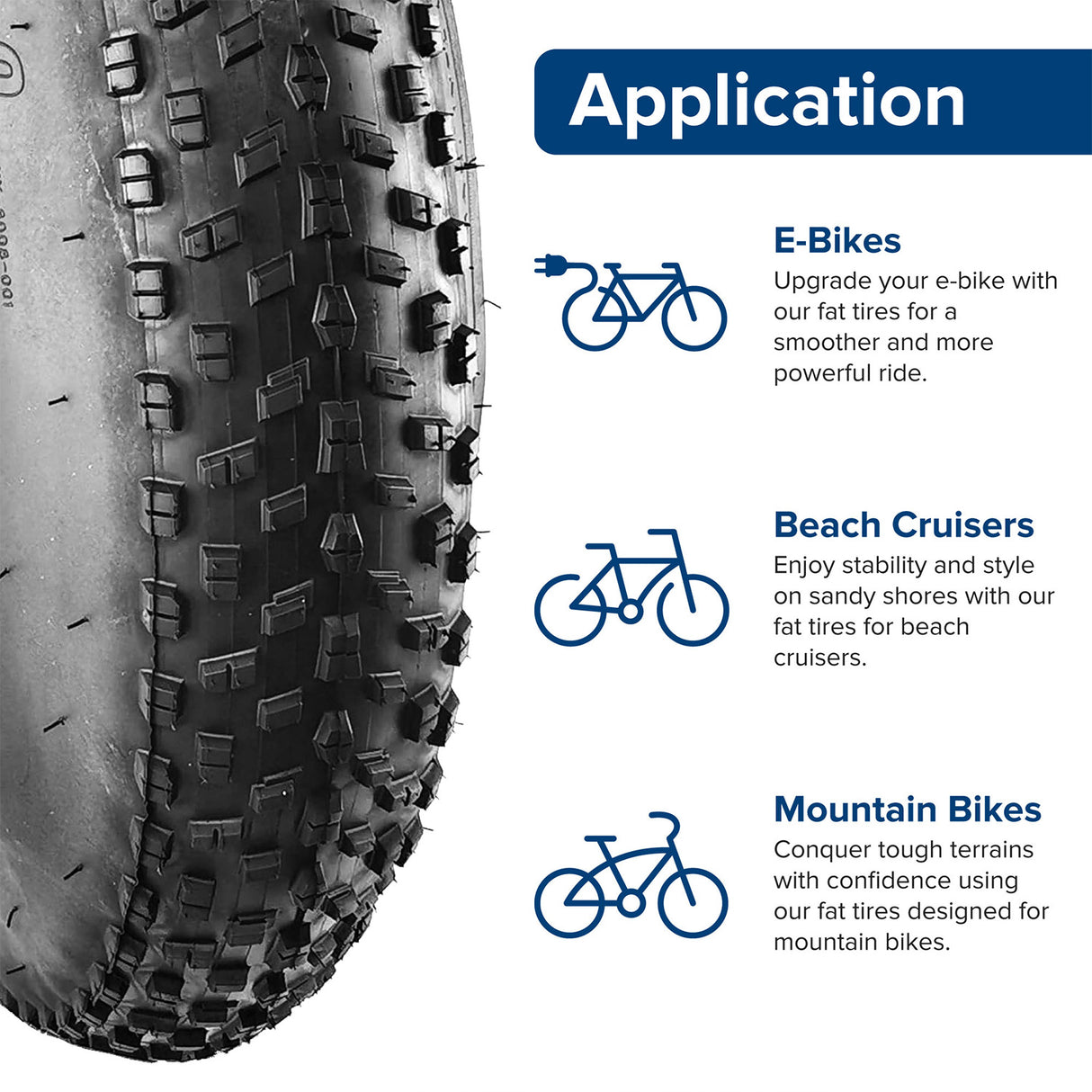 26x 4.0 Knobby Fat Bike Tire close-up showing aggressive tread pattern for superior traction and cornering on all terrains. Ideal for off-road biking on gravel and dirt trails.