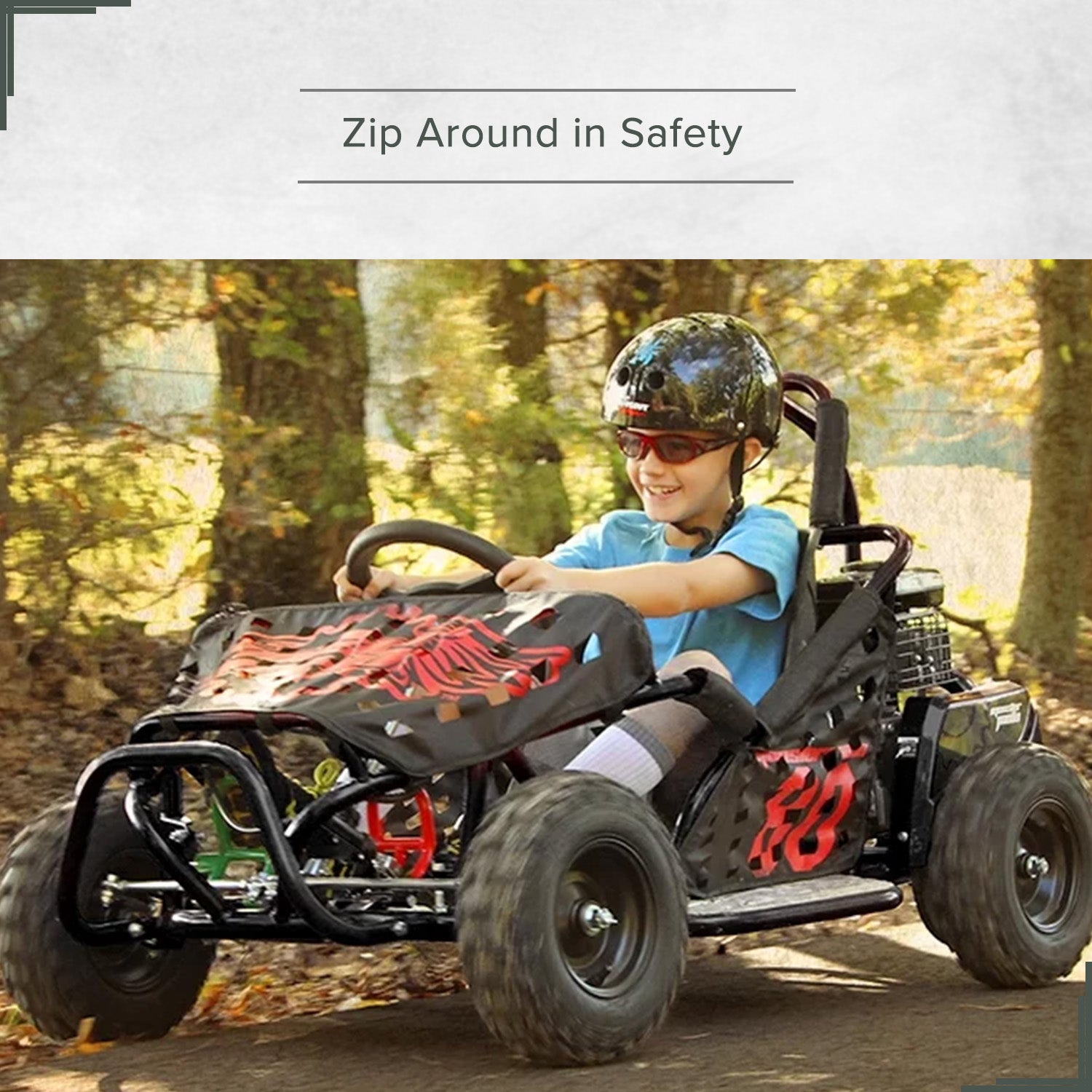 Seat for the Monster Moto / Mega Moto MM-K80 80cc Go-Kart (Blemished) shown securely mounted, featuring a bucket design with safety belt slots. Young boy driving go-kart, wearing helmet and sunglasses.