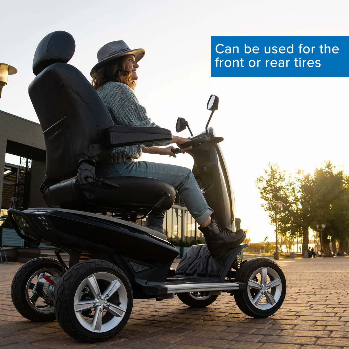 Woman riding a scooter featuring a 3.00-10 Tubeless Pneumatic Tire with Street Tread for Recreational Style Mobility Scooters, highlighting the tire's design and fit for modern scooters.