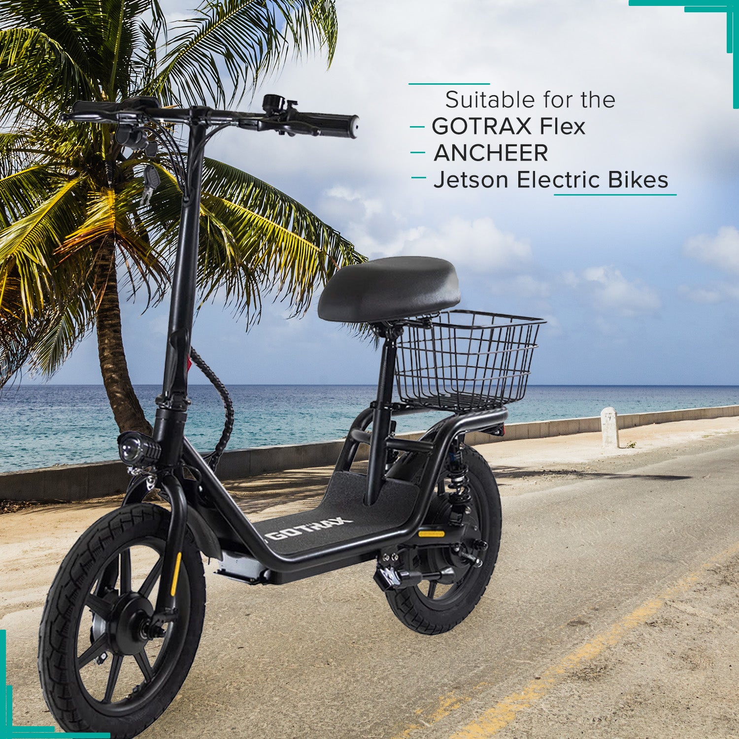 14x2.125 Inner Tube with Angled Valve Stem on a black scooter with a rear basket, parked on a road near palm trees and water.