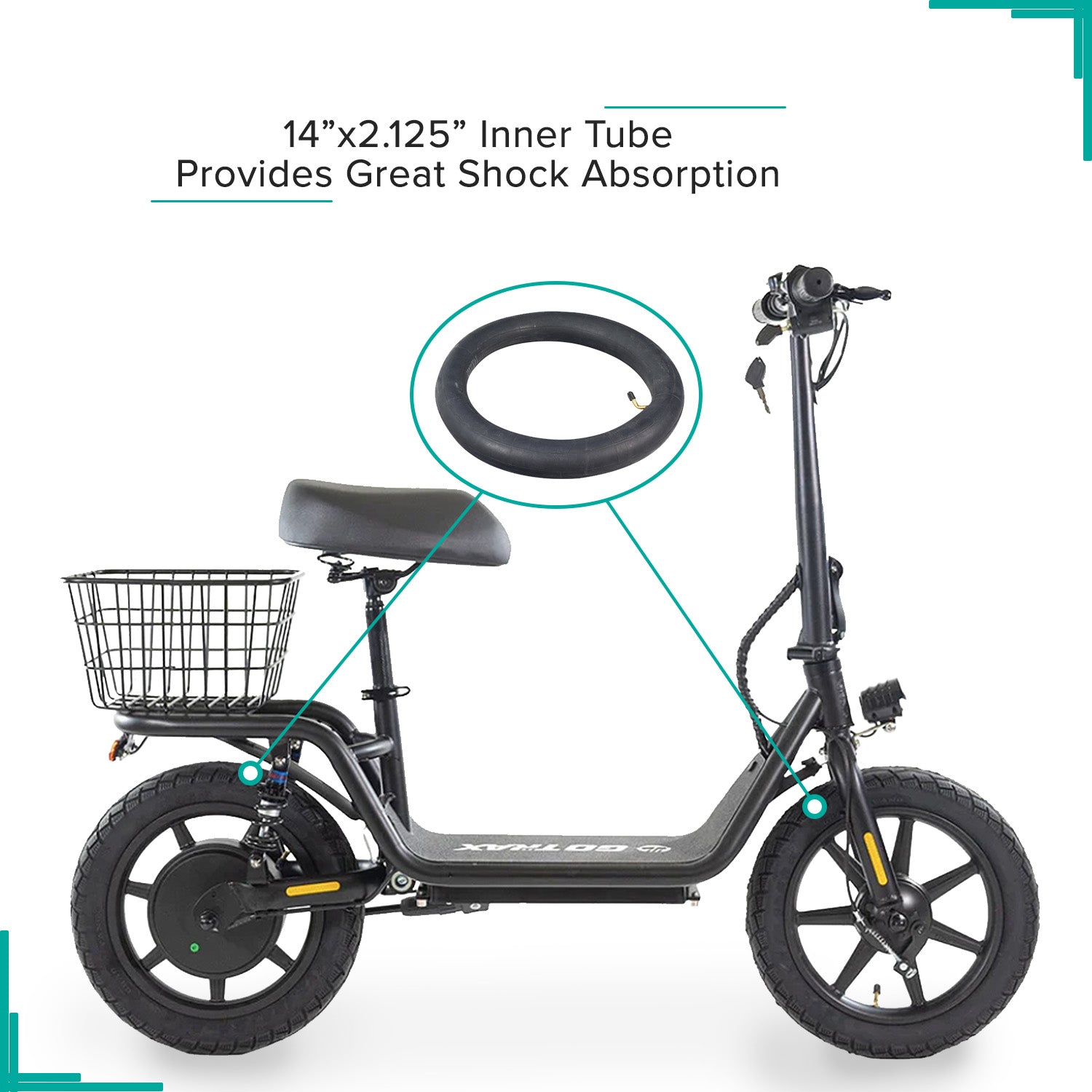 14x2.125 Knobby Tire for ANCHEER EB5 Plus Electric Bike, featuring a close-up view of its knobby tread suitable for various terrains, with a tire mounted on a wheel.