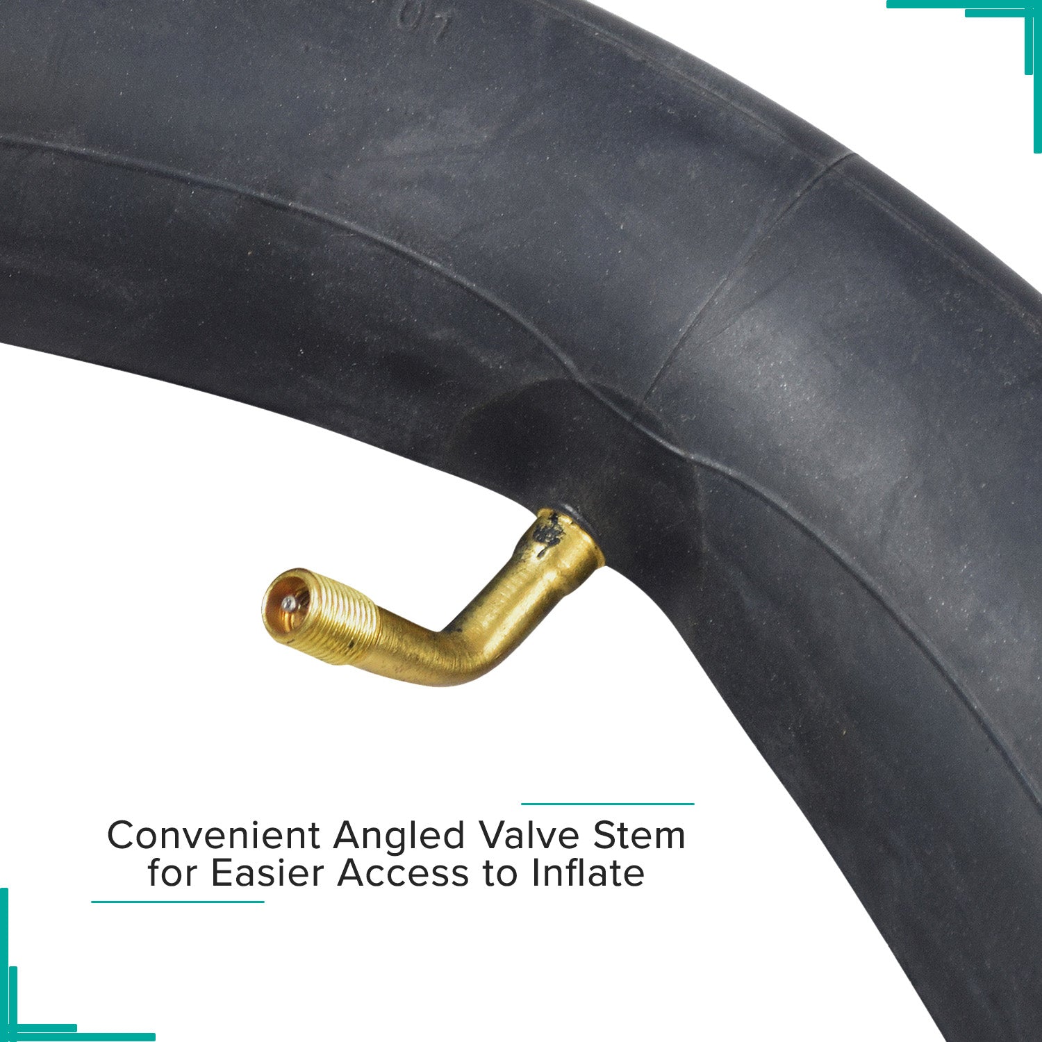 Close-up of a 14x2.125 inner tube with an angled valve stem, designed for easier access on bikes with complex spoke arrangements.