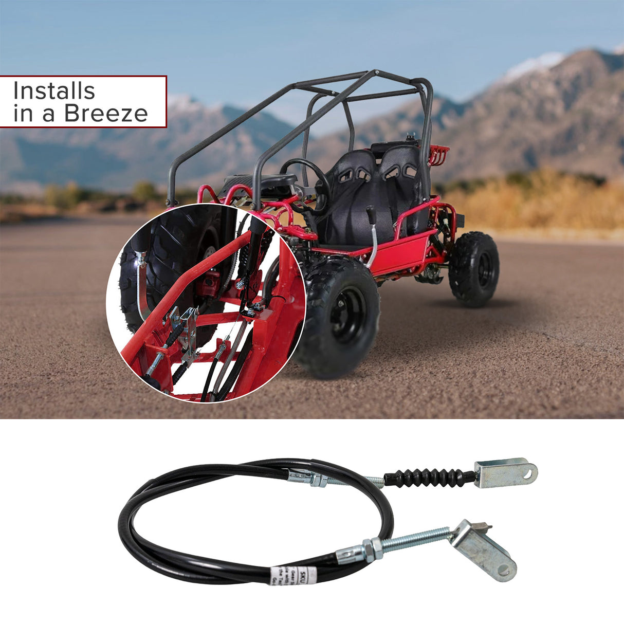 41 Gear Shift Reverse Cable with Clevis Ends for the TaoTao GK110 Go-Kart, featuring a black cable with metal clevis ends and visible close-up details of the vehicle's tires and frame.