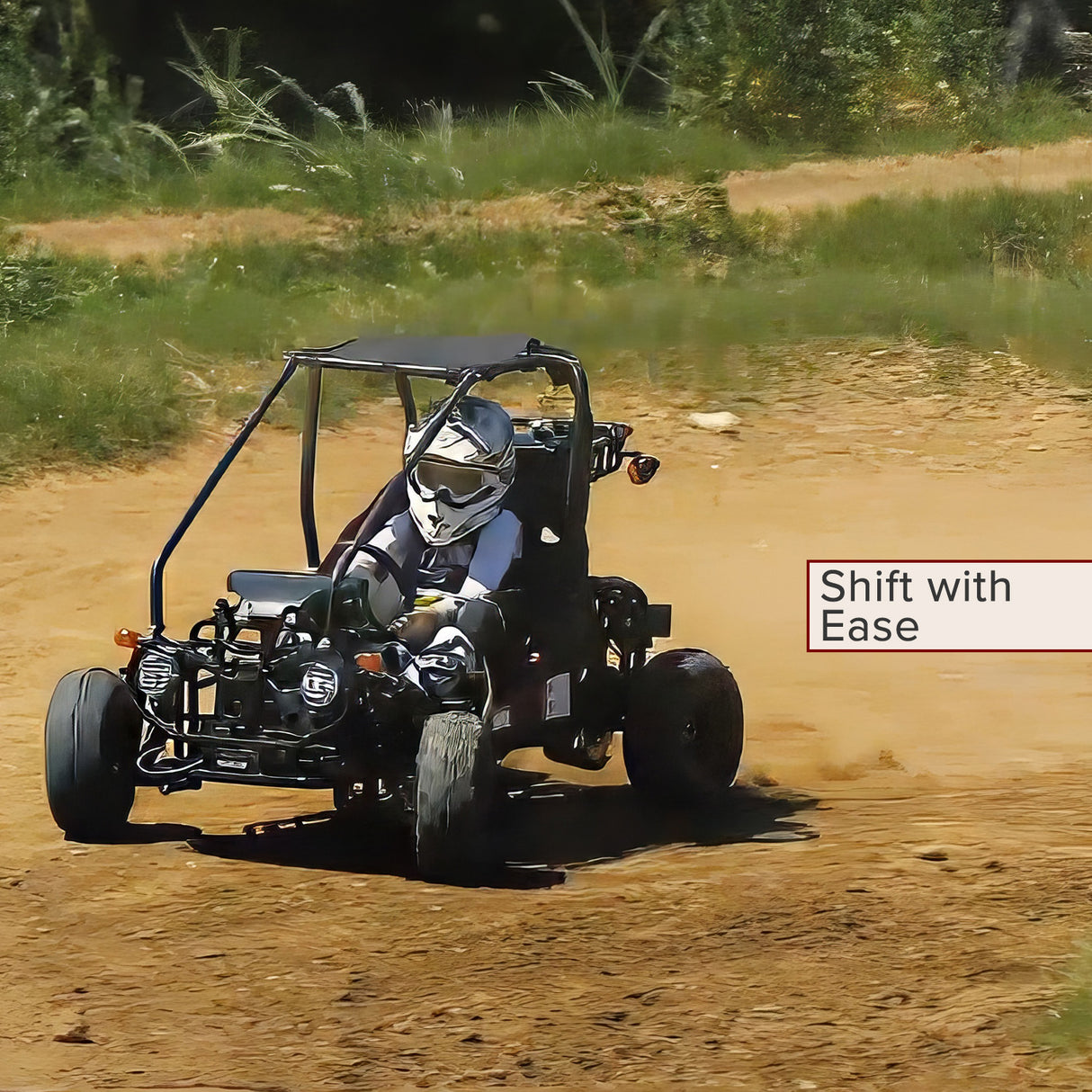 Person driving a go-kart, showcasing the 41 Gear Shift Reverse Cable with Clevis Ends for the TaoTao GK110 Go-Kart, emphasizing the gear shift mechanism in action.