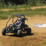 Person driving a go-kart, showcasing the 41 Gear Shift Reverse Cable with Clevis Ends for the TaoTao GK110 Go-Kart, emphasizing the gear shift mechanism in action.