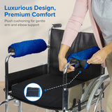 Woman holding Fleece Armrest Covers for Wheelchairs, Power Chairs, & Scooters (Set of 2) on a wheelchair, showcasing the plush cushioning and secure attachment with hook & loop strips.