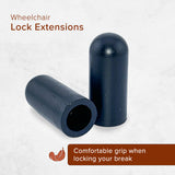 Black Rubber Tips for 5/8 Round Wheelchair Lock Extensions (Set of 2) shown close-up, highlighting the cylindrical shape and white stripe, designed to provide grip on the brake lever mechanism.