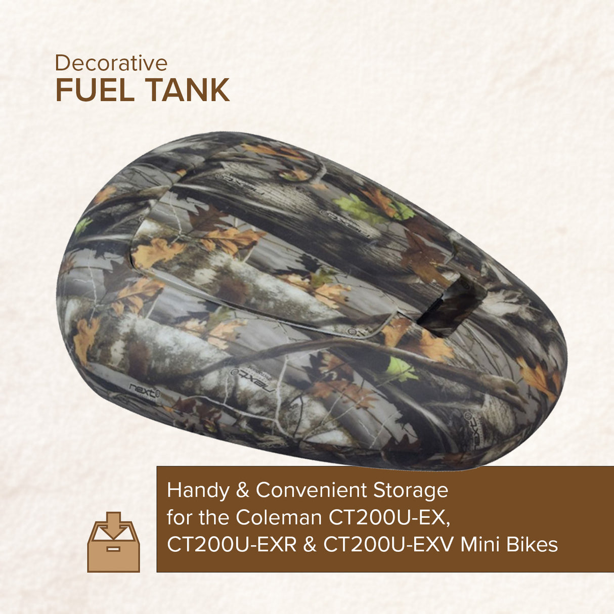 Decorative Fuel Tank for the Coleman CT200U-EX, CT200U-EXR & CT200U-EX V Mini Bikes featuring a camouflage pattern, designed as a cosmetic panel and auxiliary storage.