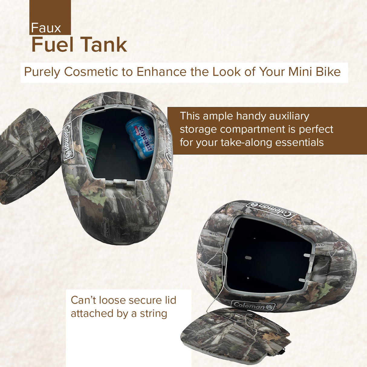 Decorative Fuel Tank for the Coleman CT200U-EX, CT200U-EXR & CT200U-EX V Mini Bikes, featuring a camouflage pattern and a black lid, shown in a close-up view.