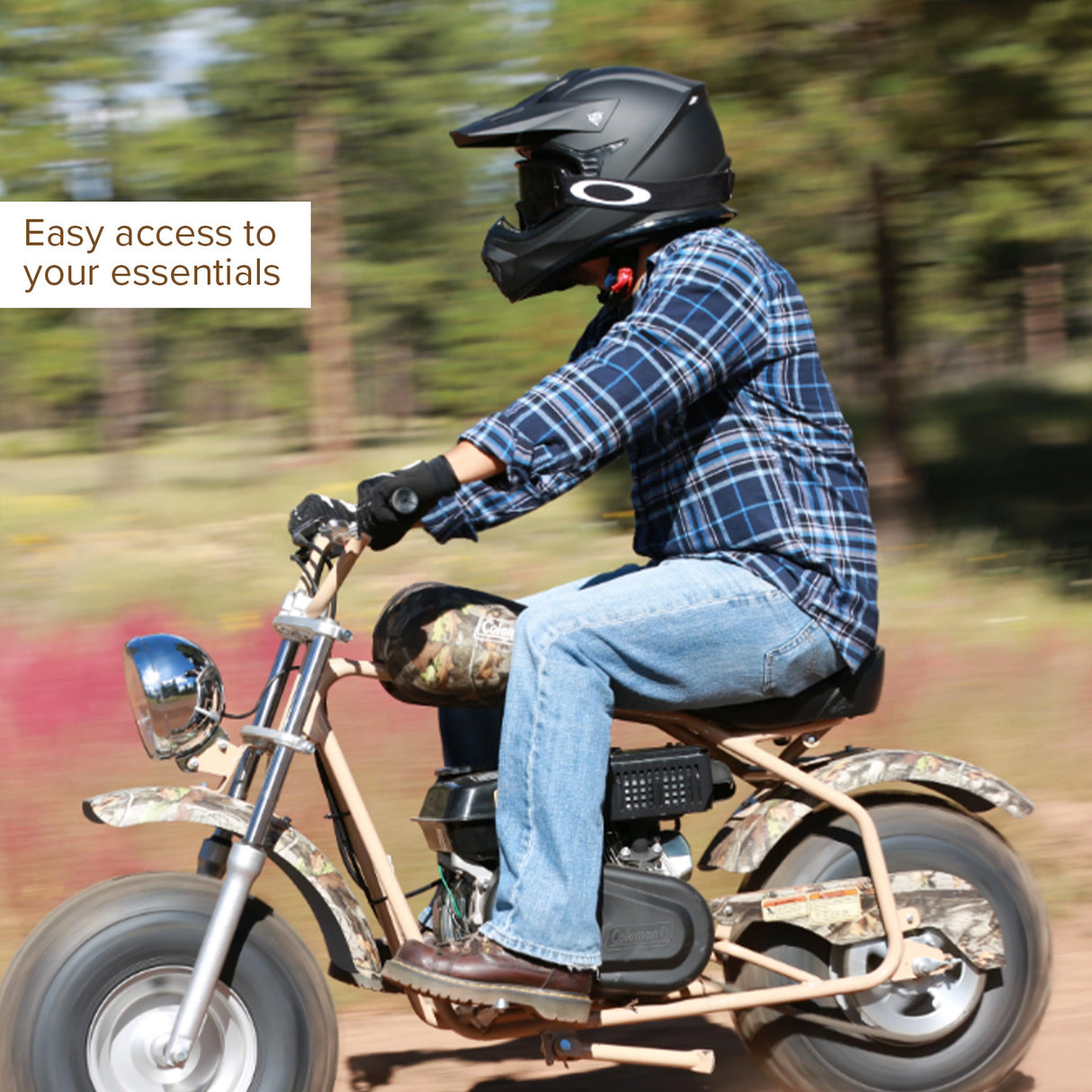 Decorative Fuel Tank for the Coleman CT200U-EX, CT200U-EXR & CT200U-EX V Mini Bikes, shown on a mini bike with a rider in a helmet, highlighting the stylish design.