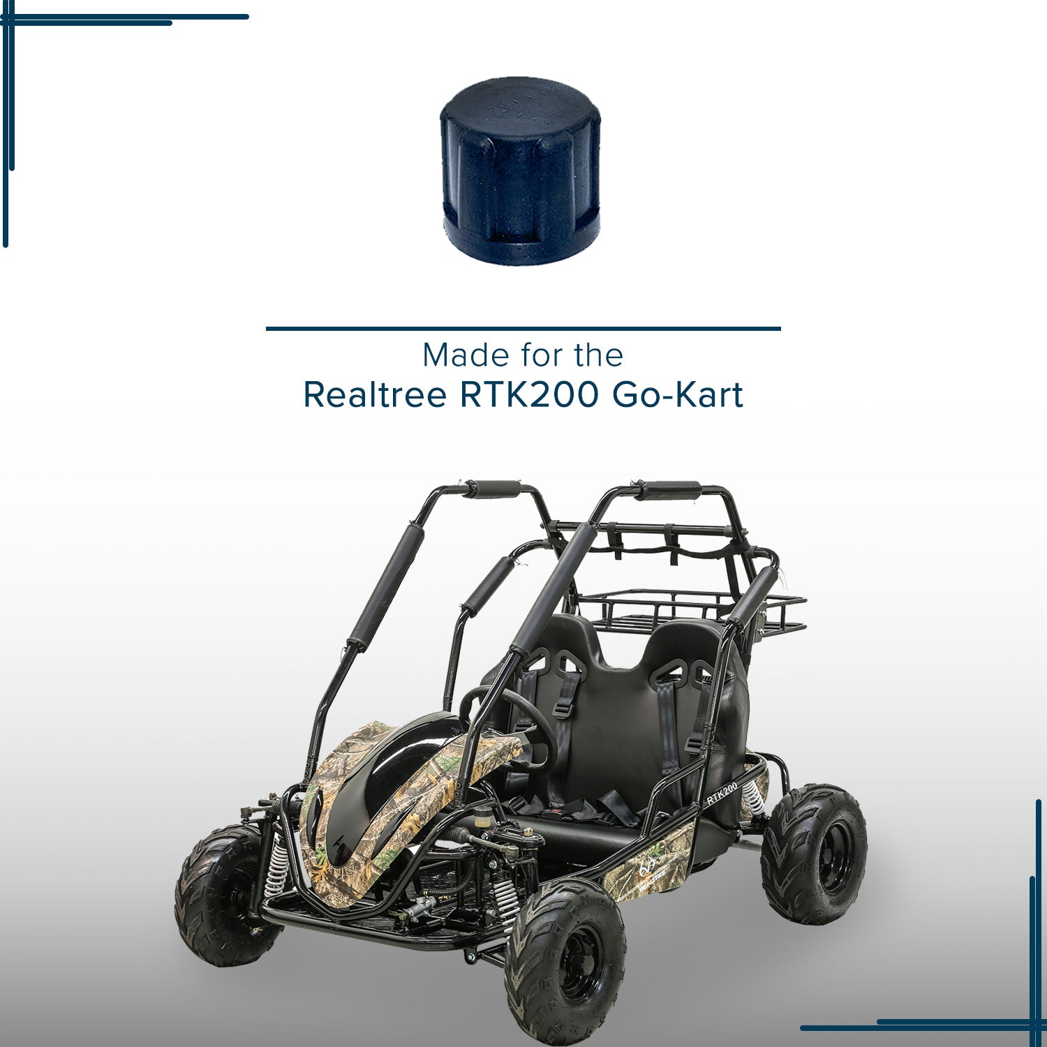 Wheel Dust Cover for the Realtree RTK200 196cc Go-Kart, heavy-duty rubber, shown protecting the wheel axle from dirt, dust, and moisture, with a close-up of the tire and go-kart seat visible.