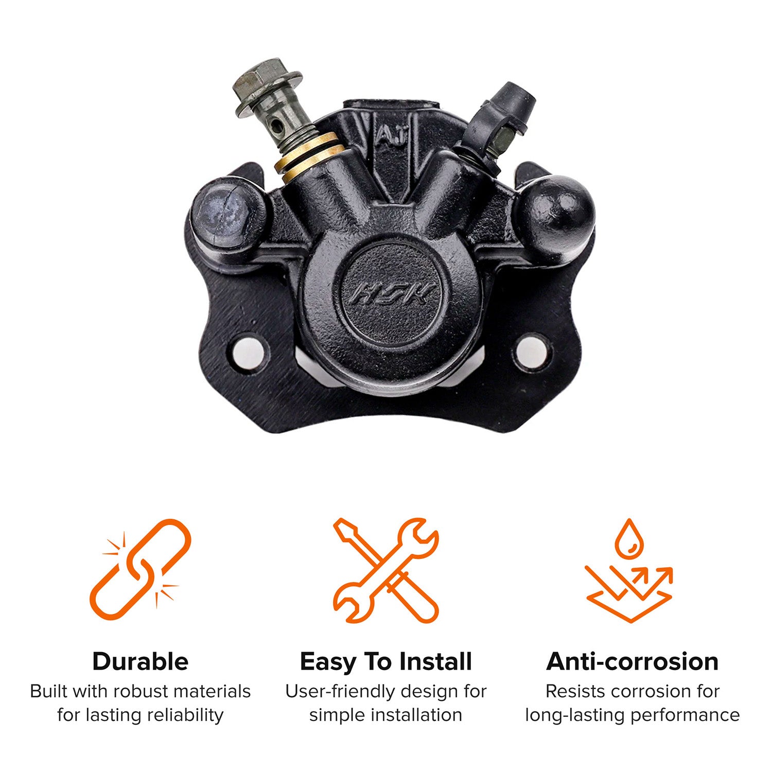 Rear Brake Caliper for Coleman AT125-EX & AT125-UT ATVs, featuring a black metal body with visible bolts, screws, and a crossed wrench and screwdriver logo, complete with new brake pads.