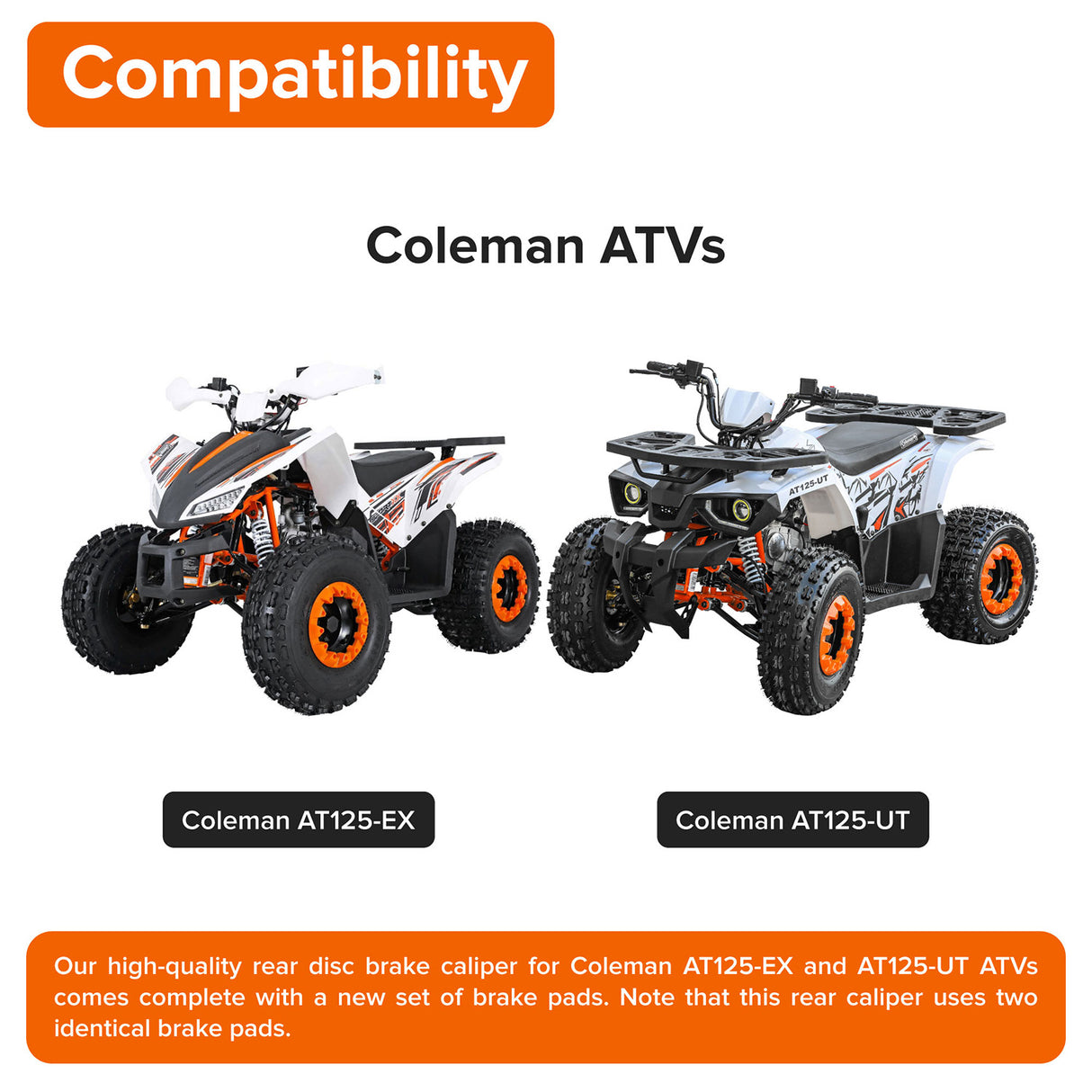 Rear Brake Caliper for Coleman AT125-EX & AT125-UT ATVs shown with two ATVs in the background, highlighting its high-quality design and inclusion of new brake pads for optimal performance.