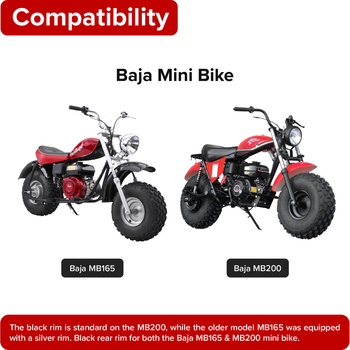 Black Rear Rim for Baja Mini Bikes MB165 & MB200 displayed alongside two red and black motorcycles.