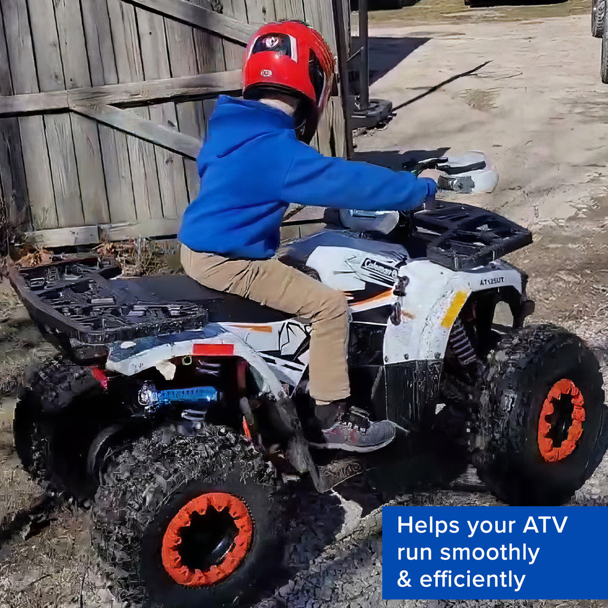 Child on an ATV, focusing on the Muffler & Pipe Assembly for the Coleman AT125-EX ATV with a matte black finish and natural metal spark arrestor.