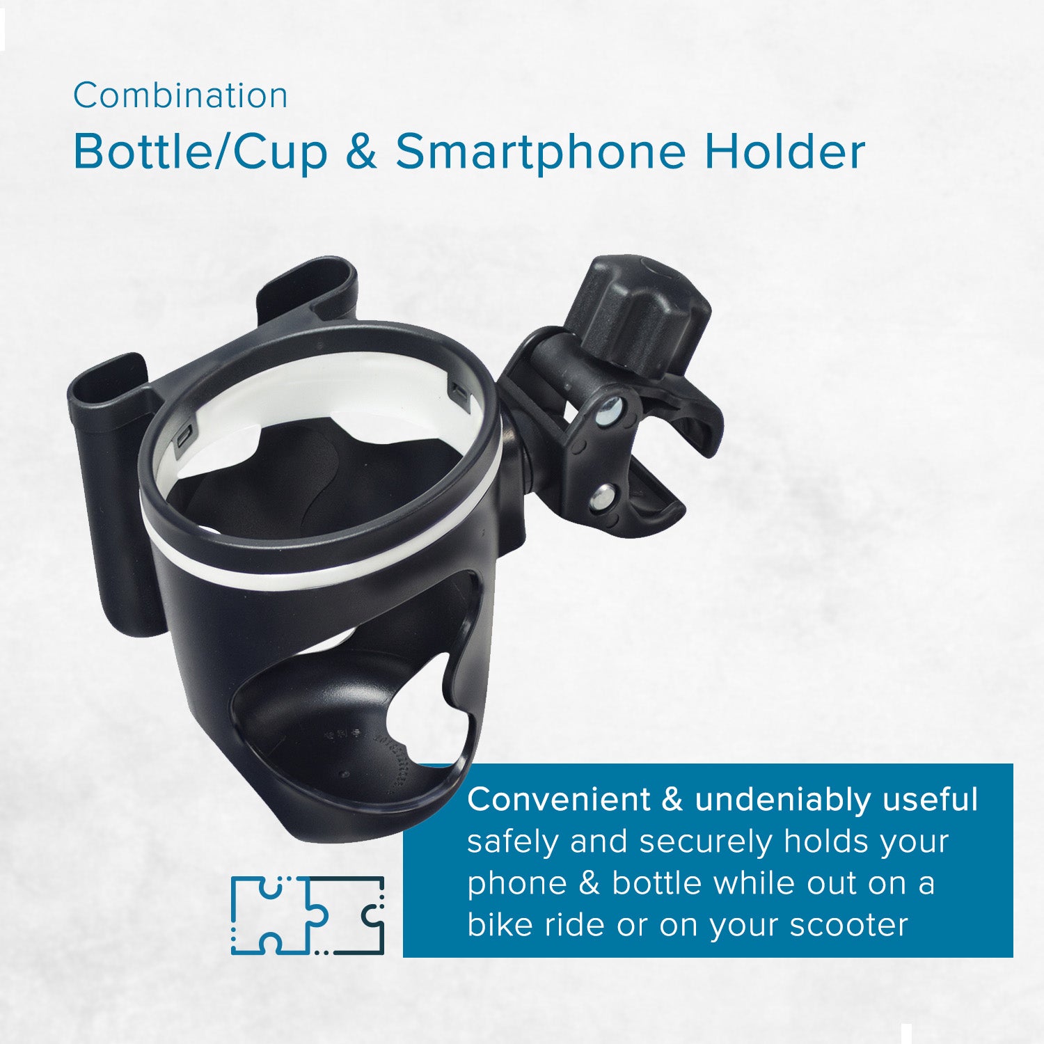 Cup & Phone Combo Holder for Bikes & Scooters featuring a dual-purpose design for holding a cup and smartphone, made from sturdy ABS plastic, with a universal mount for versatile attachment points.