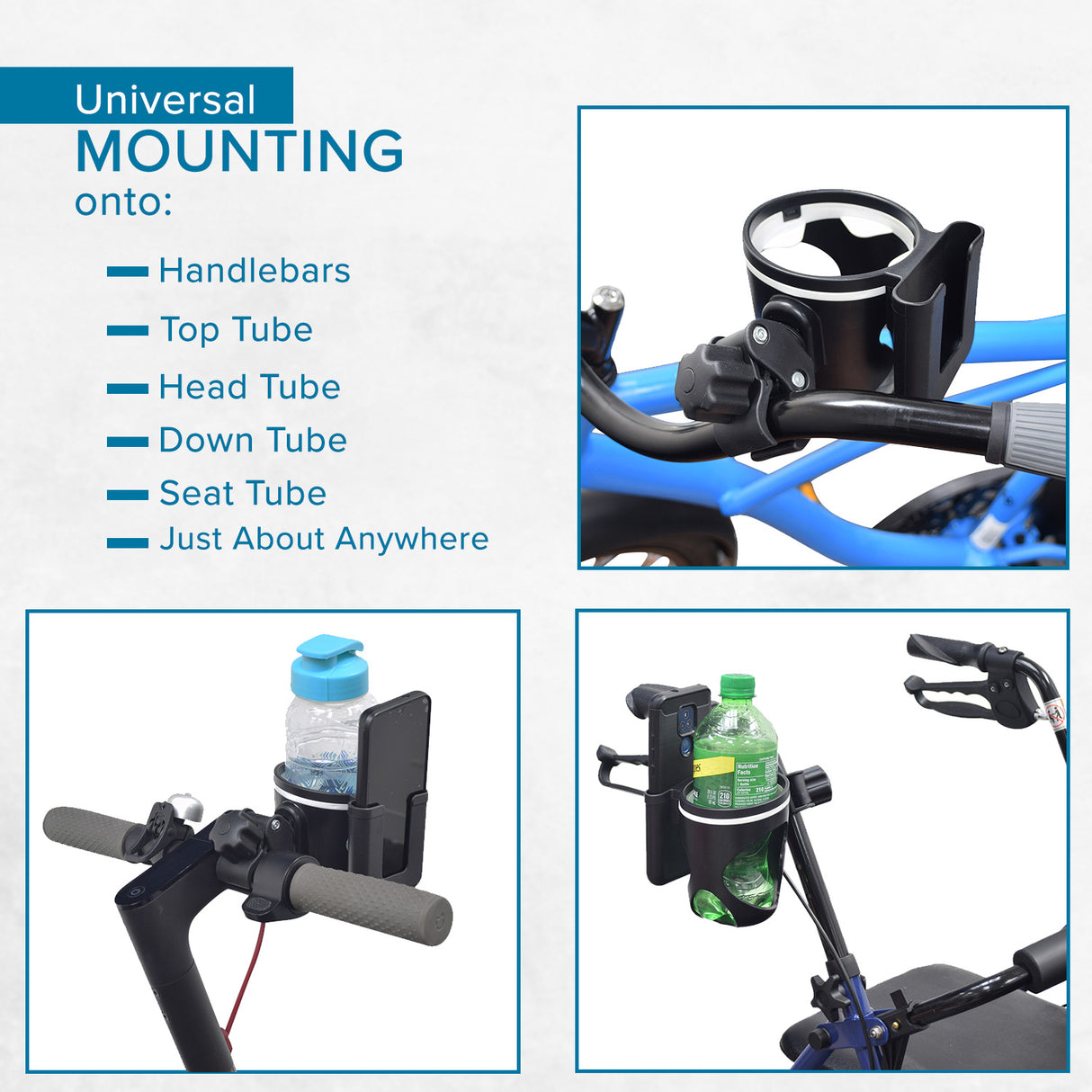 Cup & Phone Combo Holder for Bikes & Scooters attached to a handlebar, holding a water bottle and a smartphone, showcasing its dual functionality for hydration and phone accessibility while riding.