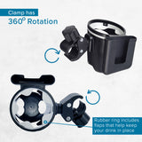 Cup & Phone Combo Holder for Bikes & Scooters: A black plastic holder with a handle, featuring a clamp and a secure slot for both a cup and a smartphone.