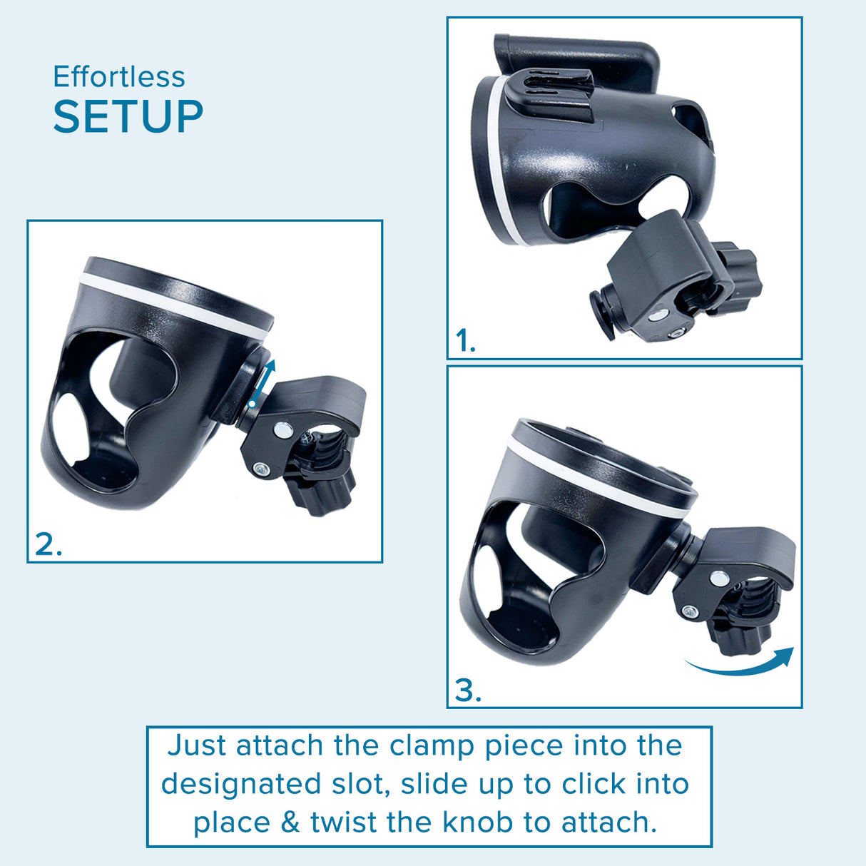 Cup & Phone Combo Holder for Bikes & Scooters, showing a black plastic clamp that securely fits onto various bike parts, with sections for holding a cup and a smartphone.