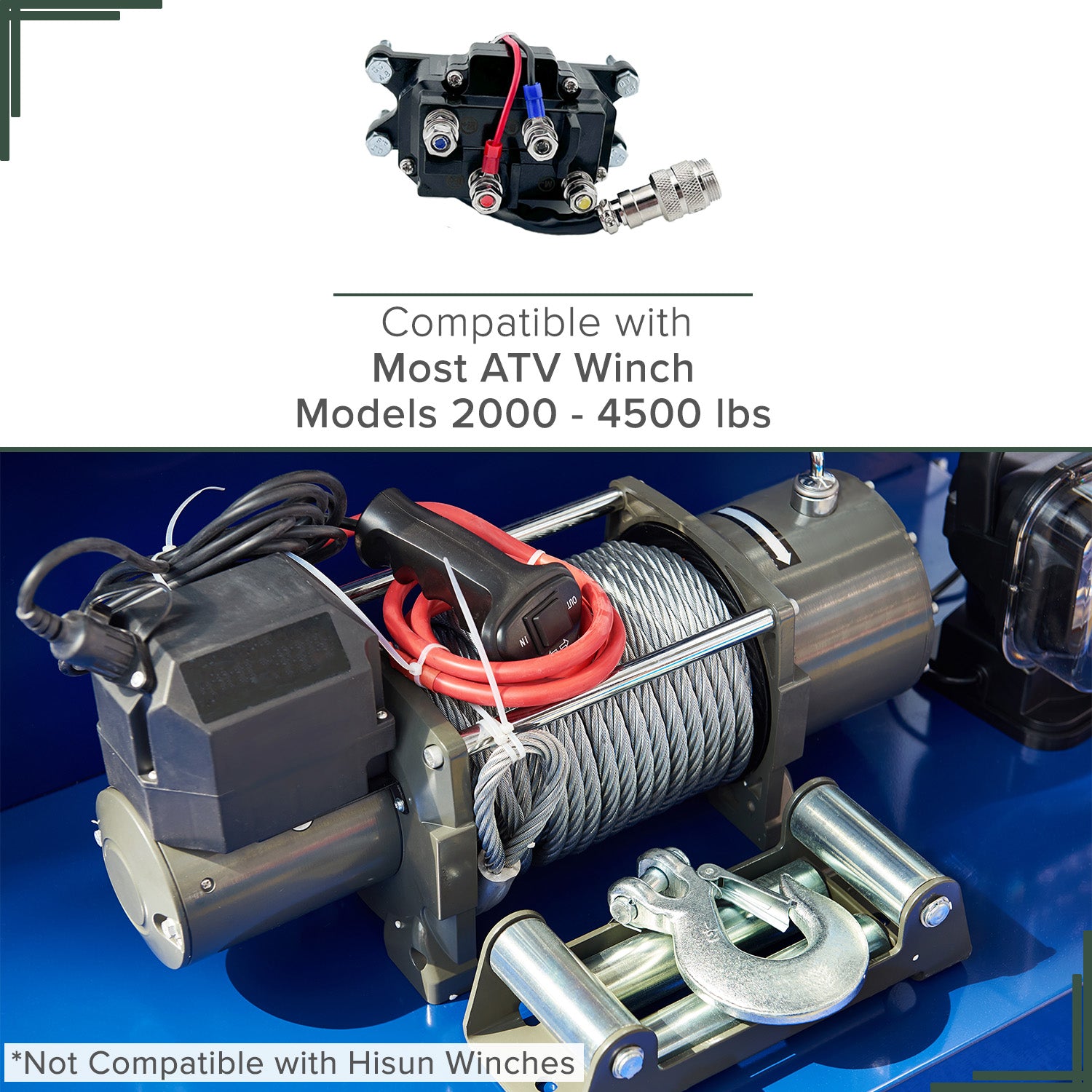 Close-up of the AlveyTech 12 Volt Winch Solenoid Relay for ATVs (Non-Hisun), showing the four terminals, 4-wire cable with 4-pin male connector, and included mounting hardware.