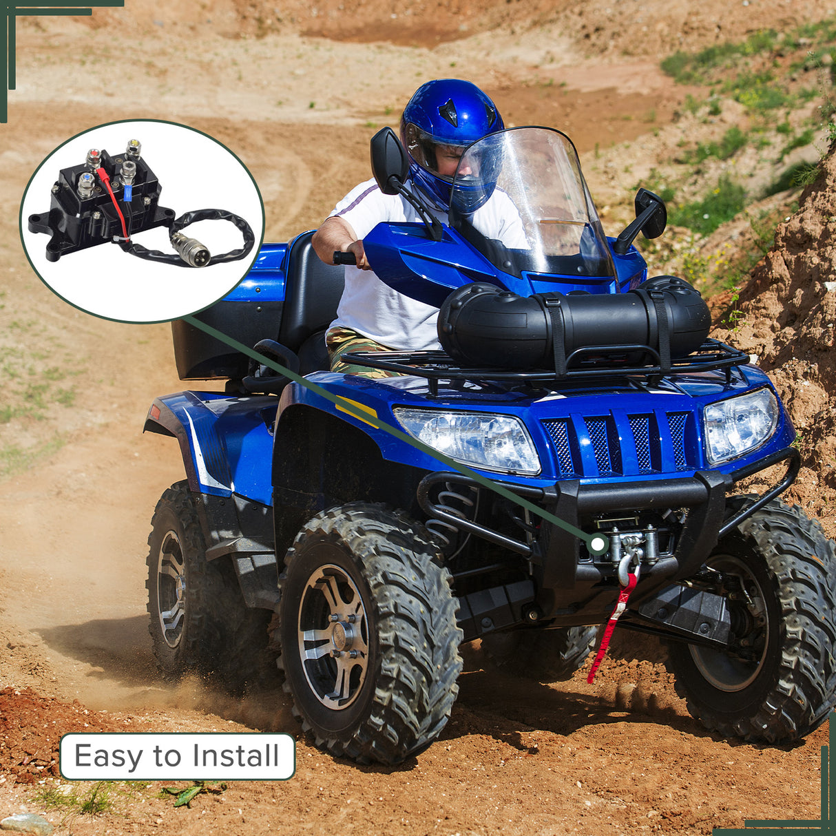 12 Volt Winch Solenoid Relay for ATVs (Non-Hisun) featuring four terminals, a 4-wire cable with a 4-pin male connector, and included mounting hardware, shown installed on a blue ATV.