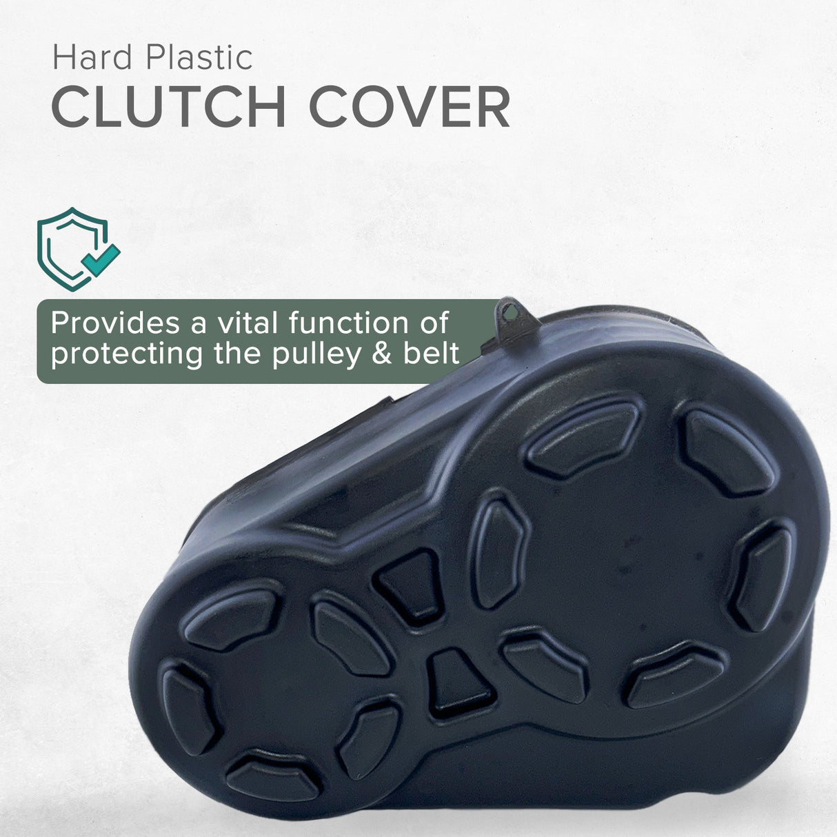 Plastic Clutch Cover for the Coleman KT196 196cc 6.5 Hp Go-Kart, showcasing a black plastic cover designed to protect the torque converter pulleys and belt.