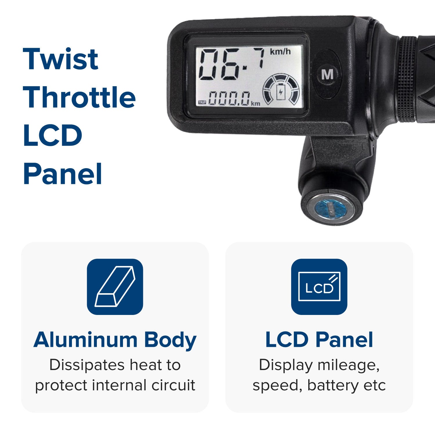 Throttle, Grip, & Key Switch for the Swagtron EB7 Elite Commuter Electric Bicycle, featuring a close-up of the bike's handlebar with a digital display and a black device with a screen and blue button.